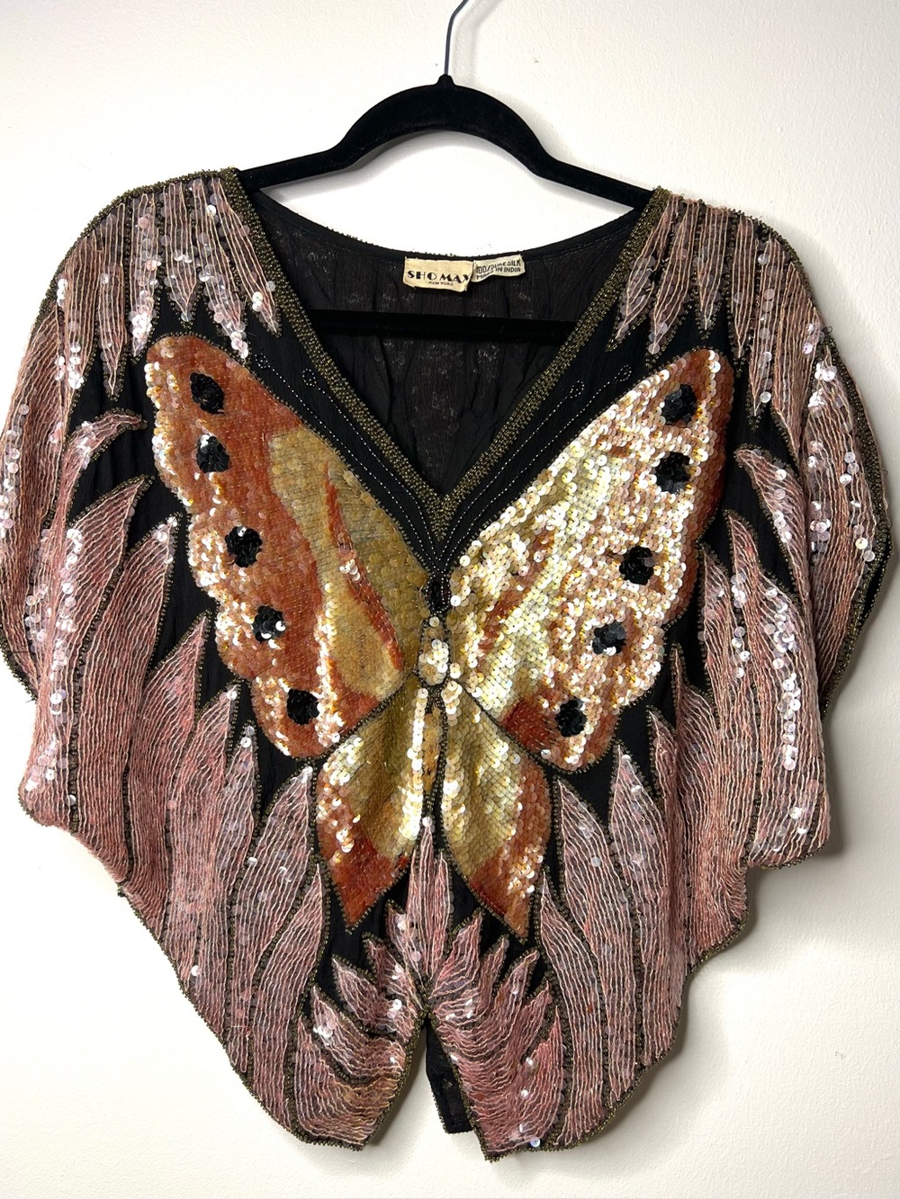 Vintage 1970’s Sequin Butterfly V-Neck Top in Black and Gold One Size  Silk EUC